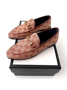 GUCCI || Jordaan‎ Horsebit GG Monogram Canvas Loafer Flat Beige Rust Brown New 6